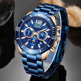 Lige Luxury Menが時計を見るトップブランドファッションブルーステンレススチールスポーツウォッチメンズカジュアル50メートル防水クロノグラフ210527