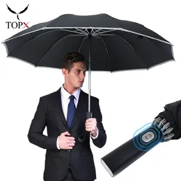 Automático guarda-chuva à prova de vento portátil grande reflexivo tira chuva 3ffold 10 costelas homens busines presente masculino parasol 210626