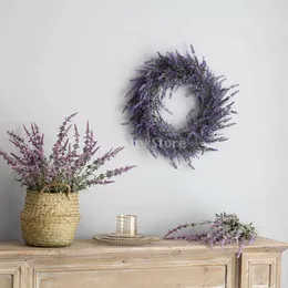 18 Inch Large Lavender Wreath Base Flower Farmhouse Garland Front Door Wall Hanging for Wedding Home Decor Q0812