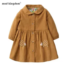 Mudkingdom Dziewczyny Sukienka Jesień Zima Z Długim Rękawem Corduroy Kids Trench Coat Cute Cartoon Wzór Ubrania 210615