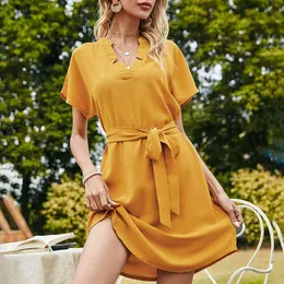 Donne Miguofan Summer Plus Size Dress Solid OL Elegante Abiti femminili Eleganti Abiti Bow Tie Vita alta Casual Chiffon Dress VETidos X0521