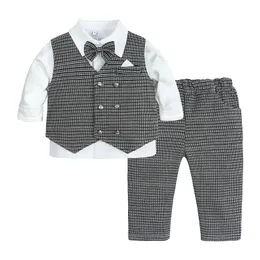 Newborn Gentleman Set Long Sleeve Baby Boys Casual Formal Tuxedo Striped Shirt Vest Pants Outfit Birthday Wedding Elegant Suit