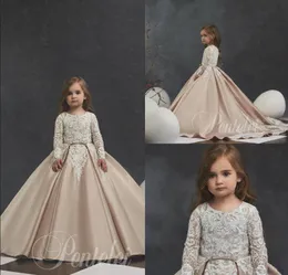 Champagne Ball Gown Flower Girl Dresses Lace Appliqued Satin Long Sleeve Girls Pageant Dress Little Girl First Holy Communion Gown226a