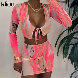 Kliou Sexy malha ver embora 2 peças roupas de manga cheia de pescoço de baixo pescoço sling corte superior mini vestido conjunto de correspondência de moda clubwear 220302