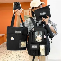 5-piece Fashion Women's Backpack Pure Color Cute Cartoon Student School Bag Canvas Large Capacity Lightweight Travel Backpacks 220209