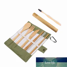 Bamboo Flatware Przybory wielokrotnego użytku z węglowym szczoteczką bambusową Case Case Travel Cutlery Zestaw Kemping Naczynia Widelec Spoon Nóż Zestaw Fabrycznych Cena Ekspert Projekt
