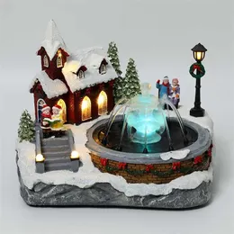 2022 Christmas Village Decoration Snow House Xmas Muzyka Luminous Can Spray Water Ozdoby Rok Home Decor 211018