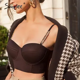 Simplee Sexy club chain sling tops Chic solid color sleeveless crop tops Low Chest Off Shoulder Short Tank tops 2021 210308