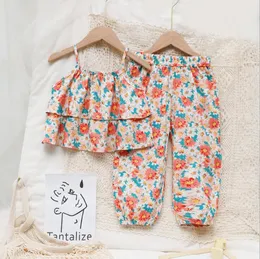 Tjejer sommar kostym tjej sling topp blommig väst kläder sätter baby barns kortärmade tvådelade mode söta casual byxor