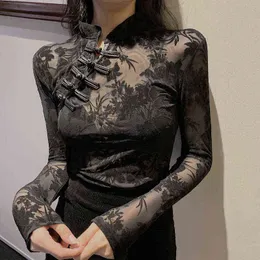 Ragazze Camicette di pizzo trasparente Camicie Magliette Donna Dolcevita stile cinese Vintage Camicette nere a maniche lunghe Top per donna H1230