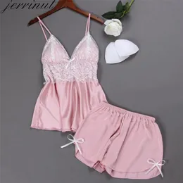 Jerrinut 2pcs Pajama Set For Women Pyjamas Summer Sleepwear Silk Stain Pijama Top And Shorts Sleeveless Nightwear For Female 210901