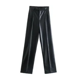 TRAF Faux Leather Spodnie Za Black Spodnie Kobiety Wysokiej Talii Kobiety Spodnie Jesień Moda Streetwear Szerokie Noga Pant Luźne Spodnie 211216