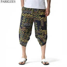 Men's Cotton Casual Capri Pants Fashion 3D Floral Print Wide Leg Loose Baggy Harem Pants Elastic Waist 3/4 Summer Beach Shorts X0723