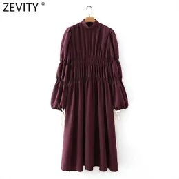 Zevity Donna Vintage Collare alla coreana Solido Pieghe elastiche Abito Donna Lace Up Lantern Sleeve Casual Split Midi Vestidos DS4656 210603