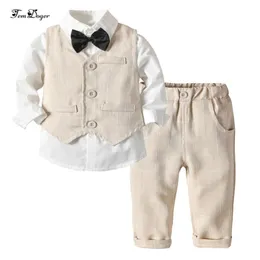 TEM DOOMER BOY服セット冬の赤ちゃんの幼児新生服紳士スーツのネクタイシャツ+ベスト+パンツ3pcsの衣装210309