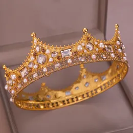 Kmvexo barock guld champagne kristall pärla pärla brud tiaras drottning kung rund krona bröllop hår smycken tillbehör till kvinnor