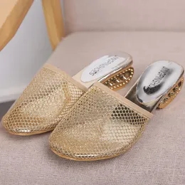 LLOGAI New Women Slippers Mules Half Slides with Heels Round Toe Mesh Hollow Out Golden Sandals for Female Slip on Summer Shoes