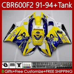 Body+Tank For HONDA CBR 600F2 600 F2 CC 600FS 91 92 93 94 Bodywork 63No.9 CBR600 FS CBR600F2 CBR600FS 1991 1992 1993 1994 CBR600-F2 600CC 91-94 Fairings Kit yellow glossy