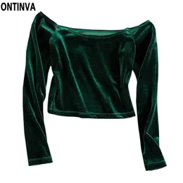 Estate Donna Sexy Off the Shoulder Velluto Top T-shirt Verde Nero Colore Ragazze Velour Slim T-shirt elastica Abbigliamento 210527