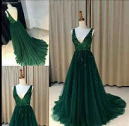 Green Evening Dark Dresses 2021 Pärled Tulle V Neck Back Sweep Train Custom Made Prom Party Gown Formal OCN Wear Vestido Estido