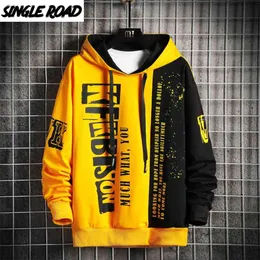 Single Road Mens Hoodies Patchwork Sweatshirt Japanese Streetwear Harajuku Hip Hop Male Oversized Yellow Hoodie 210813