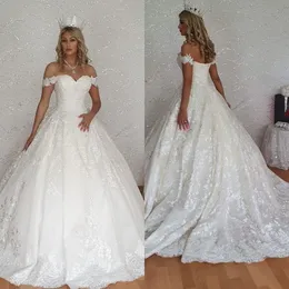 Elegant Ball Gown Arabic 2021 Wedding Dresses Off Shoulder Appliques Lace Bridal Gowns Sweep Train Plus Size Country Wedding Dress