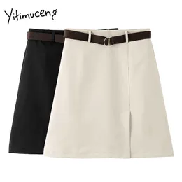 Yitimuceng Irregular Skirt Women Sashes Side Split Vintage Mini High Waist A-Line Solid Summer Korean Fashion Skirts 210601