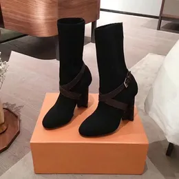 Najnowszy 2021 Designerski Skarpety Buty Jesień Zima Kobiety Buty Dzianiny Elastyczne Boot Sexy List Kwiat Moda Grube Obcasy Kobieta Wysokiego Sztuki Rozmiar 35-42 10 cm Heel 0088