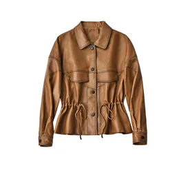 Women's Leather & Faux SHUCHAN Sheepskin Jacket Women Winter Streetwear Covered Button Adjustable Waist Vintage Clothes For