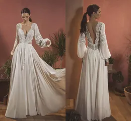 Bohemian Lace A Line Wedding Dress Long Lantern Sleeves Plunging V Neck Sexy Bridal Gowns Boho Country Open Back Floor Length Beach Chiffon Vestido De Novia AL9364