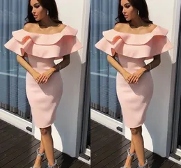 Pink New Blush Sheath Homecoming Off Shoulder Ruched Ruffles Knee Length Tail Dresses Short Prom Dress Party Gowns