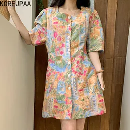 Korejpaa Kvinnor Klänning Sommar Koreansk Retro Western Style Square Neck Single-Breasted Oil Painting Print Puff Sleeve Vestidos 210526