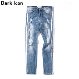 Sida rand rippade jeans män full längd mode high street denim byxor män förstörda byxor 210603