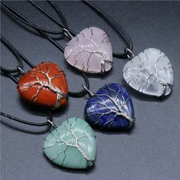 Mode Silver Plated Heart Tree of Life Healing Crystal Halsband Opal Turkos Natursten Rosa Quartz Chakra Halsband Smycken