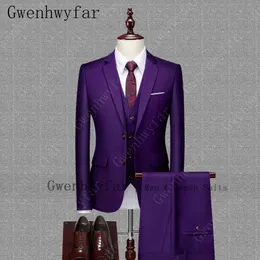 Gwenhwyfar (giacca + pantaloni + gilet) Abiti da uomo viola Abiti da sposo Smoking Abiti da sposa 3 pezzi Abiti da uomo per uomo formale X0909