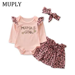 Infantil Baby Girl Top Leopard Saia Redondo Collar Manga Longa Crédito Botões Romper Ruffle Metade Dress, Headband Suit 210312