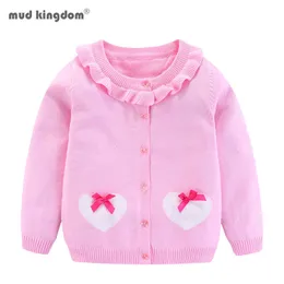 Mudkingdom Girls Sweater Ruffle Söt Bow Heart-Shape Knit Cardigan Kläder 210615