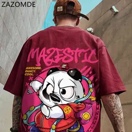 Zazomdeヒップホップ男性原宿ストリートウェアTシャツファッション緩い学生プリント半袖ティーレターパンダラウンドネックTシャツ210629