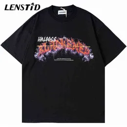 LENSTID Sommer Männer Oversize Kurzarm T-shirts Hip Hop Blitz Brief Drucken 2022 Streetwear Harajuku Casual Baumwolle Tops Tees G1217