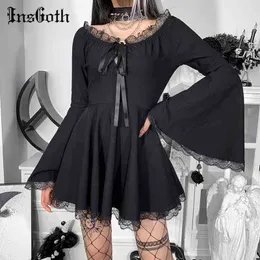 InsGoth Gothic Black Lace Tirm Flare Sleeve Dress Harajuku Punk Vita alta Lace Up Mini Abiti E Girl Abiti da festa di Halloween G1214