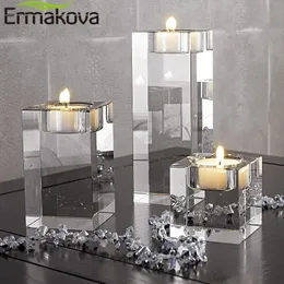 ERMAKOVA Candle Holders Solid Crystal Clear Square Glass Tealight Candlestick for Wedding Home Decoration Centerpiece 210310