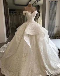 Shoulder Line Off A Wedding Gowns 2022 Plus Size Tiered Lace Sweep Train Bridal Party Dresses Robe De Marriage