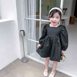 Autumn girls fashion Jacquard party dress kids long sleeve square collar black princess dresses 210708