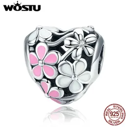 WOSTU 100% 925 Sterling Silver Blooms Flower Heart Beads Fit Original Bracelet Pink Enamel Charm DIY Jewelry Making Q0531