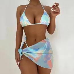 Damenbadebekleidung Tie-Dye-Bikini weiblich 2021 Sexy Frauen-Badeanzug dreiteiliges Set mit Sarong-Badeanzug Badeanzüge Strandkleidung Schwimmen