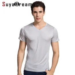 SuyaDream Men basic T shirt Natural Silk V neck Solid Short Sleeve Shirts White Black Grey Spring Summer Top 210722