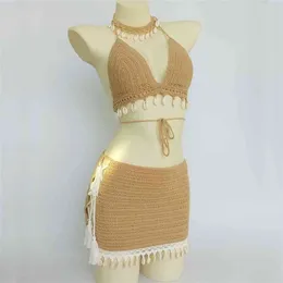 3pcs bikini set kvinna virka skal tassel topp och snäckskal fotled kedja sexig strand kjol spets se genom smal mini 210621