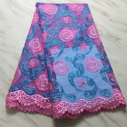 5Yards/Lot Top Sale Pink And Sky Blue French Net Lace Fabric Flower Embroidery African Mesh Style For Party Dressing PL31425