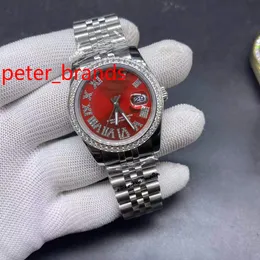 Yüksek Kalite 36mm Diamonds Saatler 316 Gümüş Paslanmaz Çelik Kılıf Kırmızı Arama Otomatik Erkek Küçük Elmas Erkekler İzle