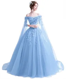 Prinsessan Sky Blue Bateau Ball Gown Quinceanera Klänningar Appliques Lace Up Sweet 16 Debutante Prom Party Dress Custom Made 36